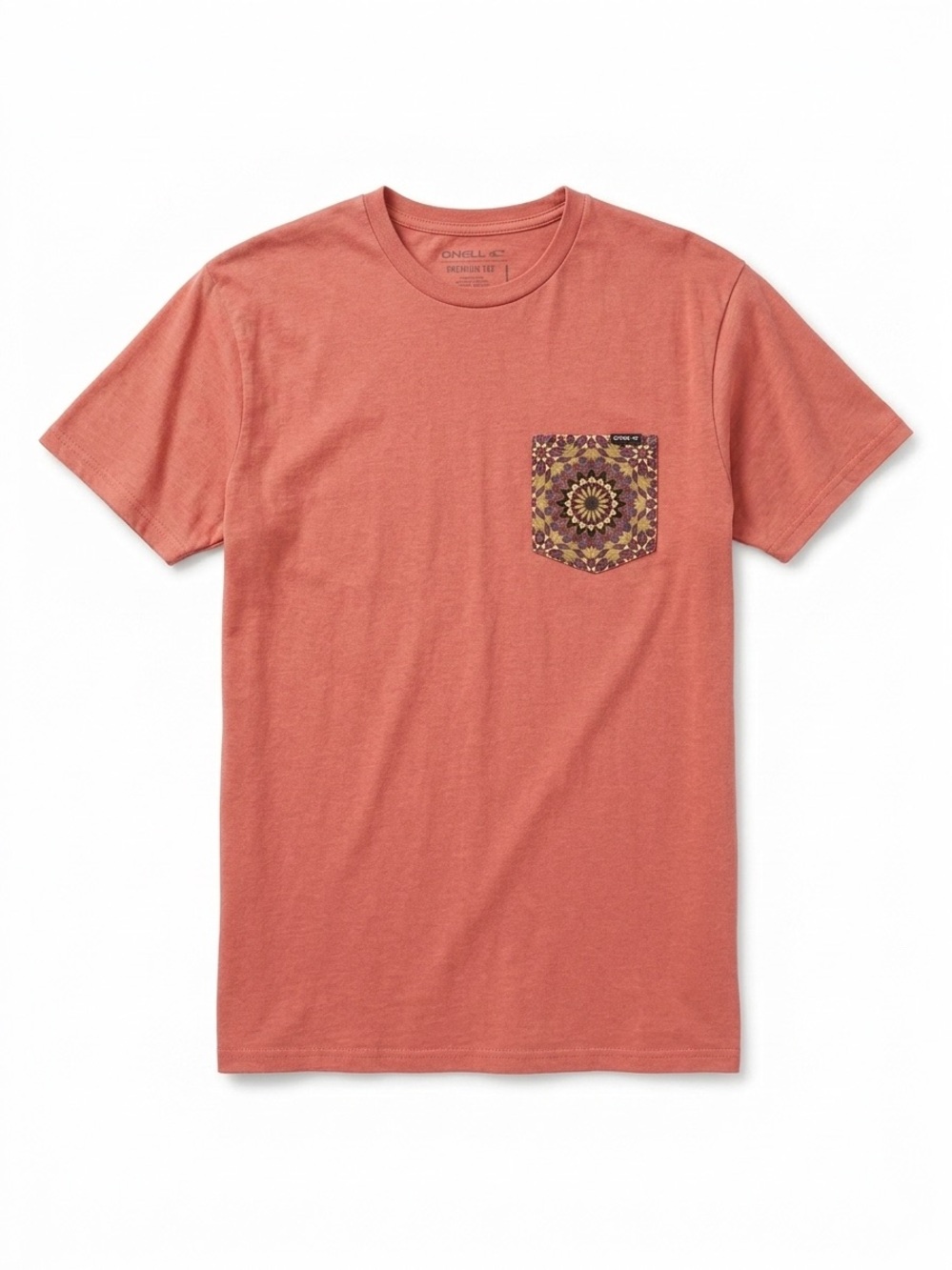 O'Neill T-Shirt Men L Coral Pink Pocket Tee Geometric Mandala Graphic Surf Style